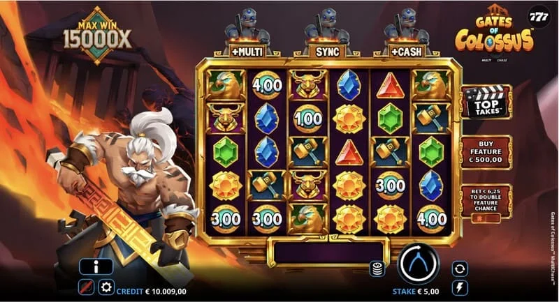 Gates of Colossus MultiChase – основен екран с барабани 6×5